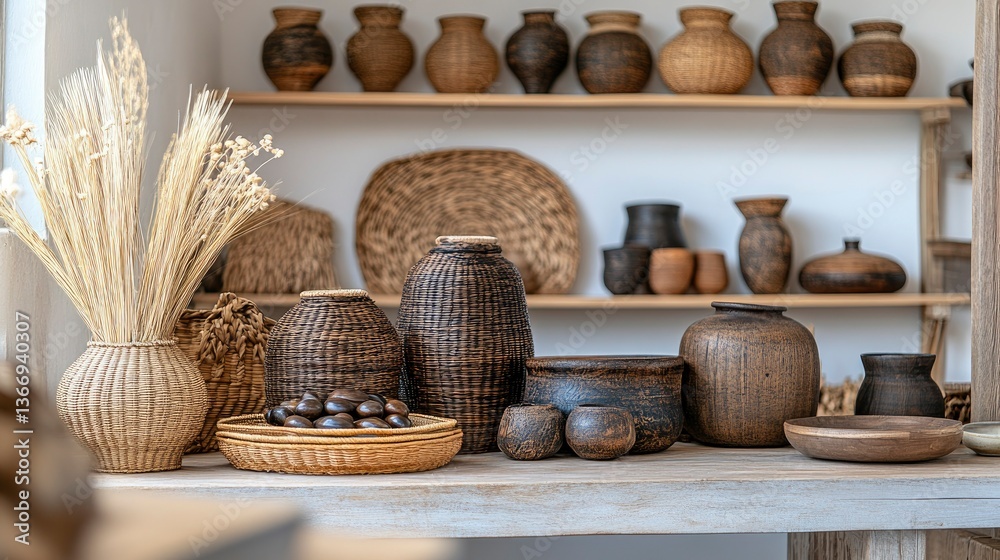 Fototapeta premium Rustic Bohemian Home Decor with Woven Baskets and Earthenware Pottery