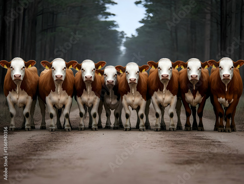Photo of a Herd of Cows Standing on a Road in a Forest Setting