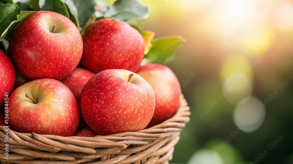 Fresh Red Apples in a Basket Glowing Under Soft Sunlight in a Serene Outdoor Setting Fresh Red Apples in a Basket Glowing Under Soft Sunlight in a Serene Outdoor Setting
