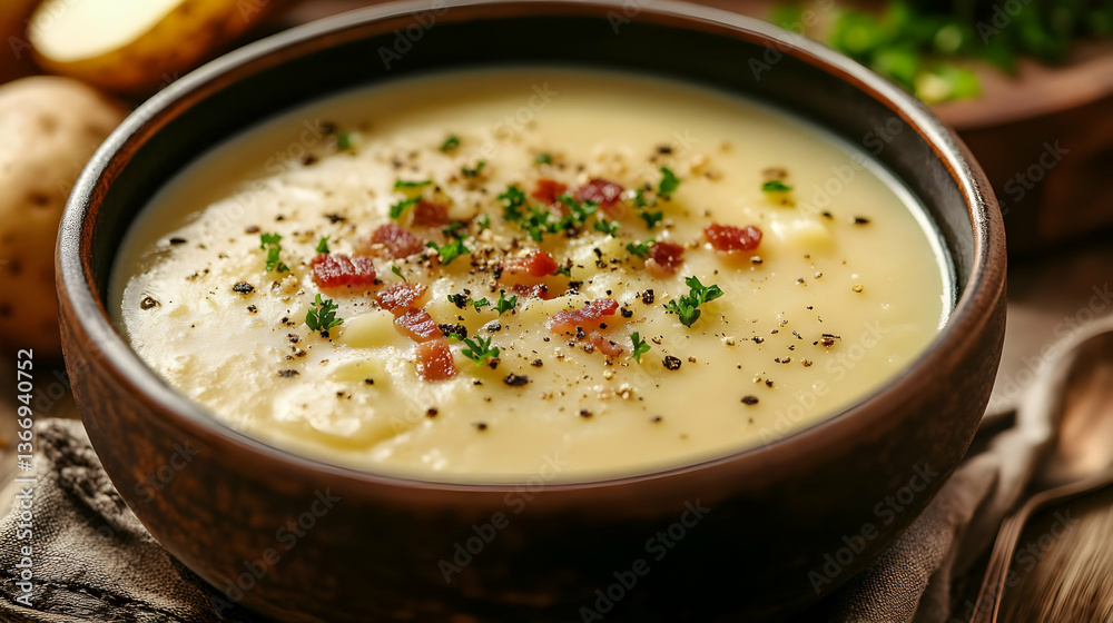 Creamy Potato Soup with Crispy Bacon and Fresh Parsley in a Dark Brown Bowl on a Rustic Wooden Tabletop with Natural Light and Warm Tones Creamy Potato Soup with Crispy Bacon and Fresh Parsley in a Dark Brown Bowl on a Rustic Wooden Tabletop with Natural Light and Warm Tones