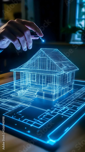 Digital Blueprint Of House Glowing With Blue Light On A Black Surface Photo
