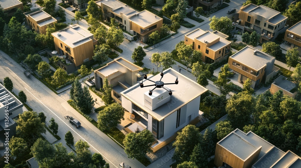Fototapeta premium AI powered drone delivering packages in an urban neighborhood, city neighborhood with modern houses and tree-lined streets, Tech style