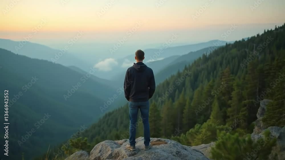 Man Enjoying Mountain View at Sunset Serene Outdoor Scene Man Enjoying Mountain View at Sunset Serene Outdoor Scene