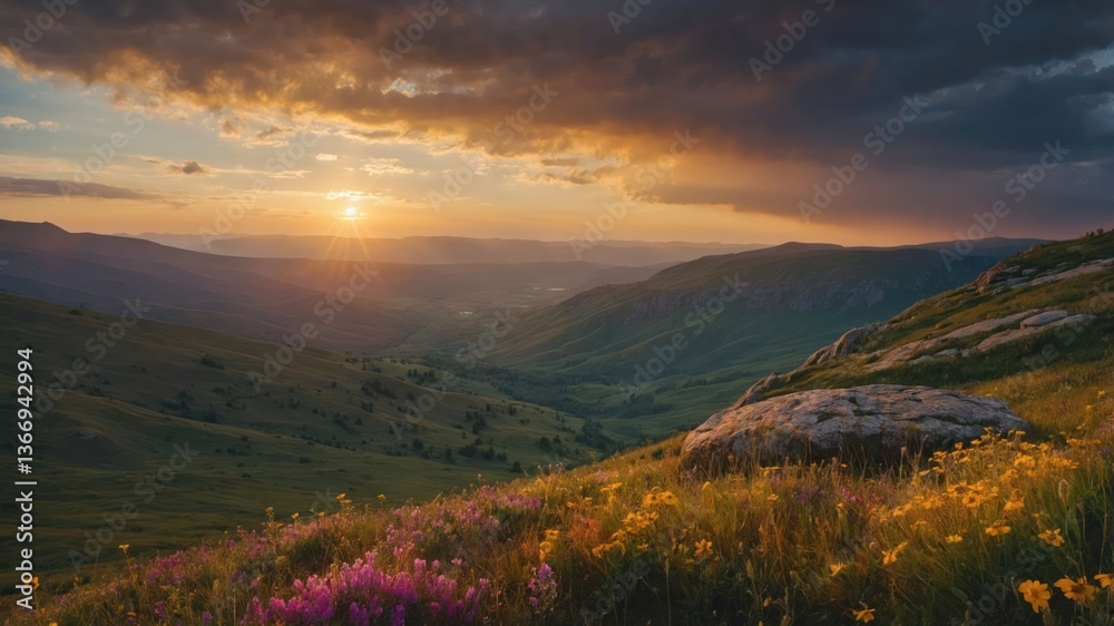 Naklejka premium Mountain Valley Flowers Bloom Under a Dramatic Sunset Sky Above
