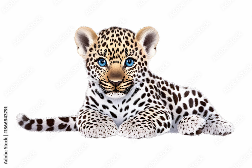 Obraz premium Photo of Cute Leopard Cub Resting on White Background with Blue Eyes
