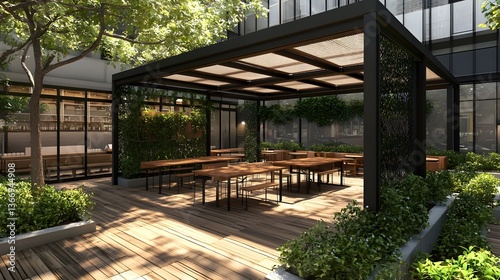 Stylish Outdoor Coworking Oasis with Modern Furnishings and Greenery