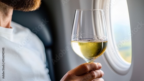 A close-up of a passenger enjoying a glass of wine while gazing out of an airplane window,