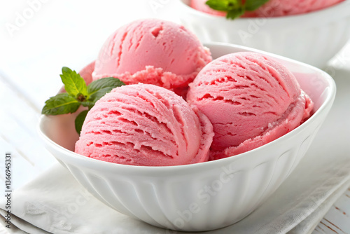rois boules de glace à la framboise dans un bol en céramique, arrière-plan,Bowl with strawberry ice-cream dessert,Scoops of pink ice cream in a bowl isolated on transparent background.