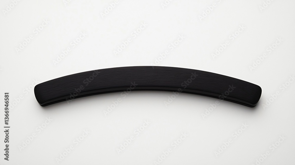 Curved black object on white backdrop. Abstract shape, minimalist design. Shadow present Curved black object on white backdrop. Abstract shape, minimalist design. Shadow present