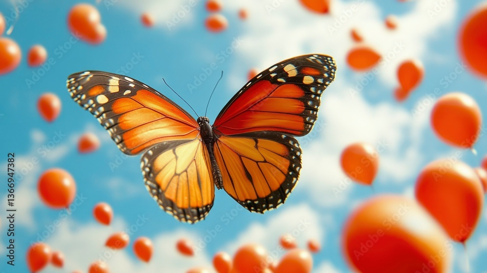Fototapeta premium Monarch Butterfly Soaring Amidst a Sky Filled with Orange Balloons