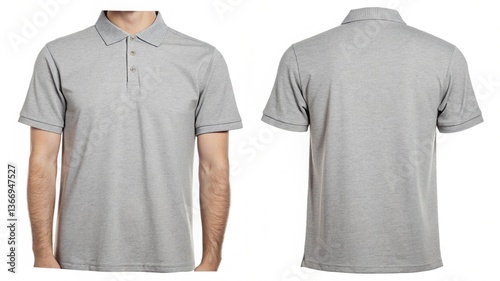 Blank collared shirt mock up template, front and back view, plain grey t-shirt isolated on white. Polo tee design mockup