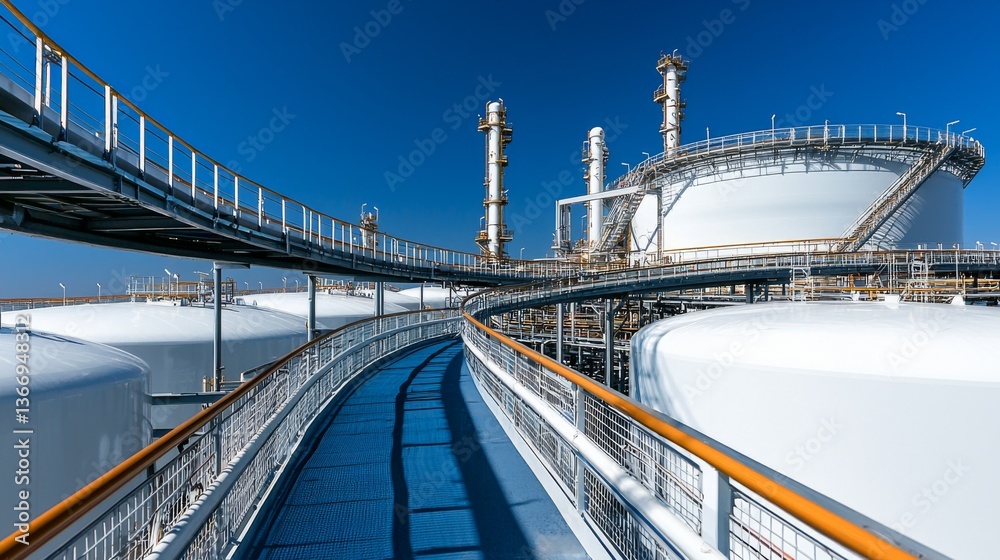 Naklejka premium Industrial facility with storage tanks and pipelines under a clear blue sky