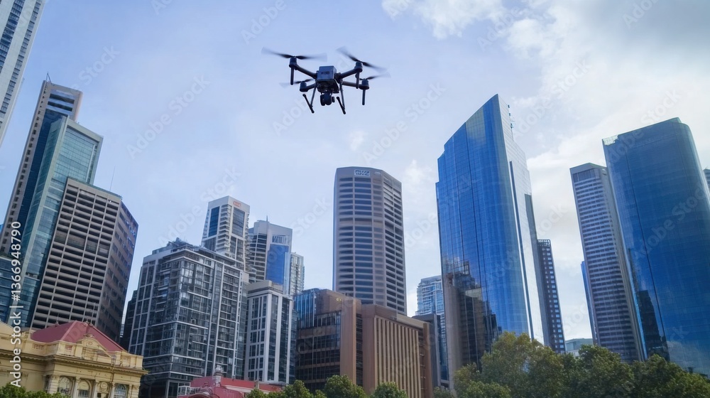 AI powered drone inspecting tall buildings for damage in a city skyline, city skyline with skyscrapers and drones flying overhead, Tech style AI powered drone inspecting tall buildings for damage in a city skyline, city skyline with skyscrapers and drones flying overhead, Tech style