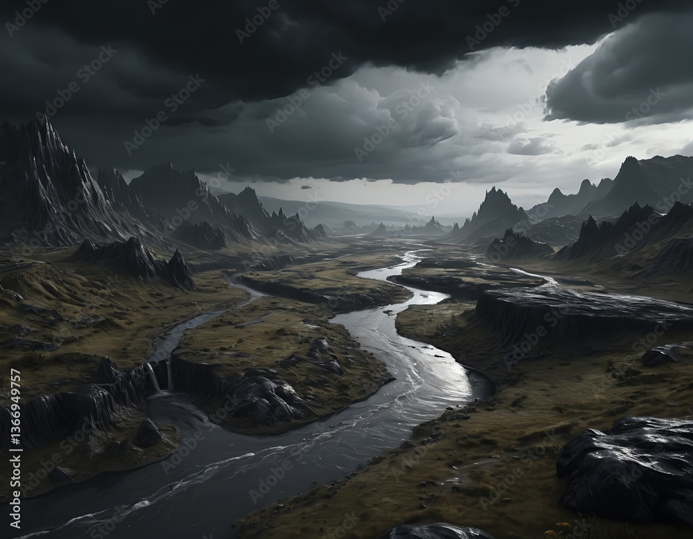 Naklejka premium Dark Fantasy Landscape with Winding River