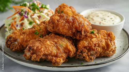 Crispy Fried Chicken Wings with Ranch Dressing and Coleslaw on Gray Plate with Wooden Background