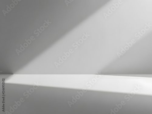 Minimalist White Interior with Diagonal Sunlight and Shadow, Clean Background for Product Display and Design
