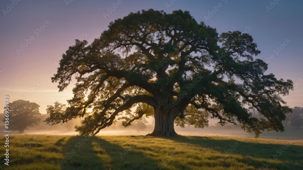 Fototapeta premium Majestic Oak Tree at Sunrise with Fog Rolling Through Grassy Meadow