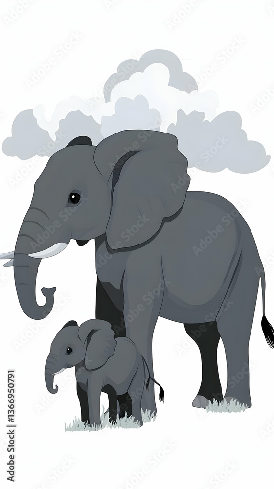 Fototapeta premium Pixelated Elephant Family Under Clouds Monochrome Illustration