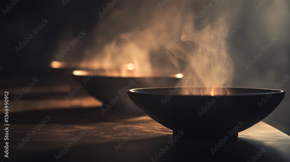 Steaming Bowls of Soup on Table with Ethereal Smoke and Glow Steaming Bowls of Soup on Table with Ethereal Smoke and Glow