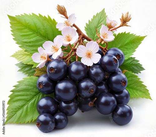 Black currants with green leaves and pink flowers on a white background