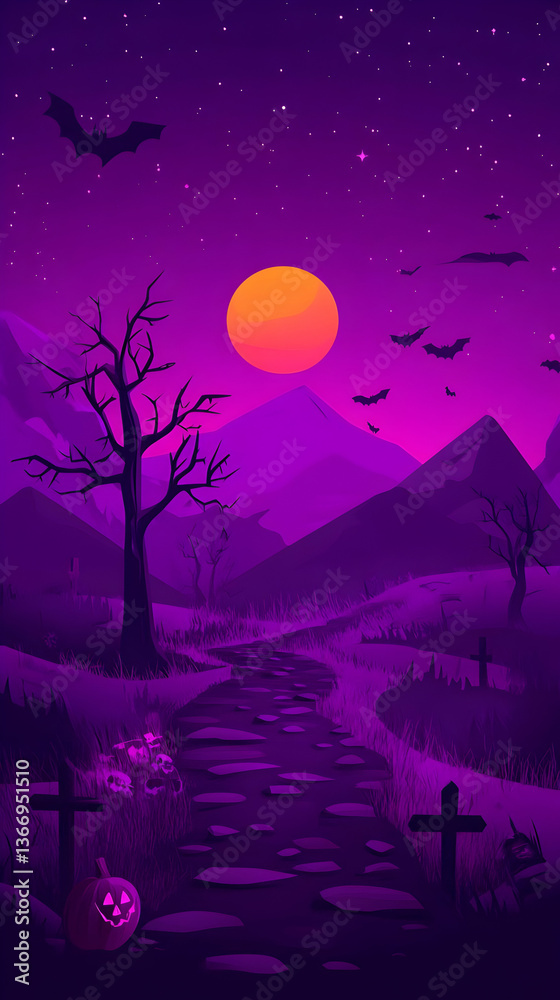 Naklejka premium Pixel Art Halloween Night Landscape Featuring Moon Bats and Spooky Elements