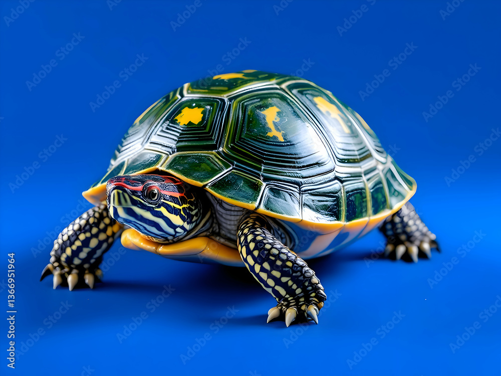 Fototapeta premium Vivid Painted Turtle: Intricate Patterns and Striking Blue Backdrop 