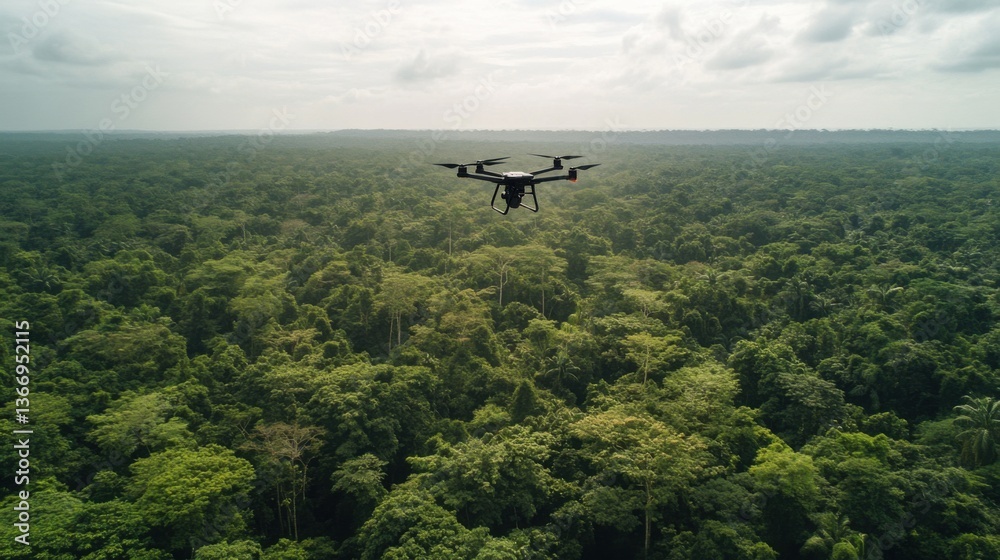 Fototapeta premium AI powered drone monitoring environmental data in a remote forest for conservation purposes, lush green forest with a clear sky and drone flying above, Eco-tech style