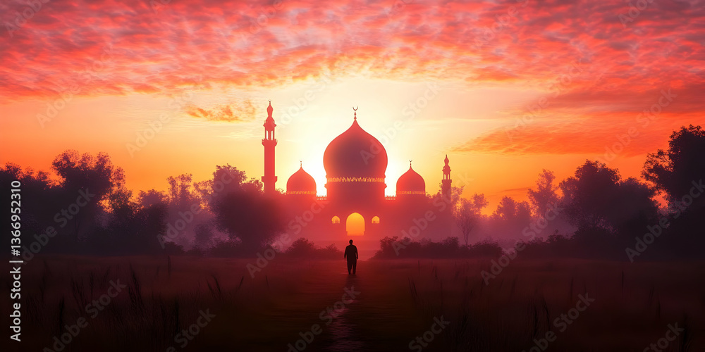 Obraz premium Person Walking Towards Illuminated Building at Sunset Illustration
