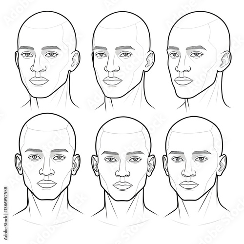Six Male Head Sketches, Different Angles, Line Art