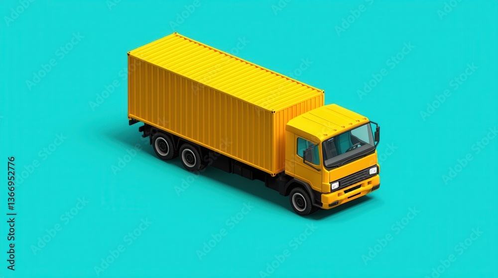 Fototapeta premium Yellow Delivery Truck with Cargo Container on Bright Blue Background