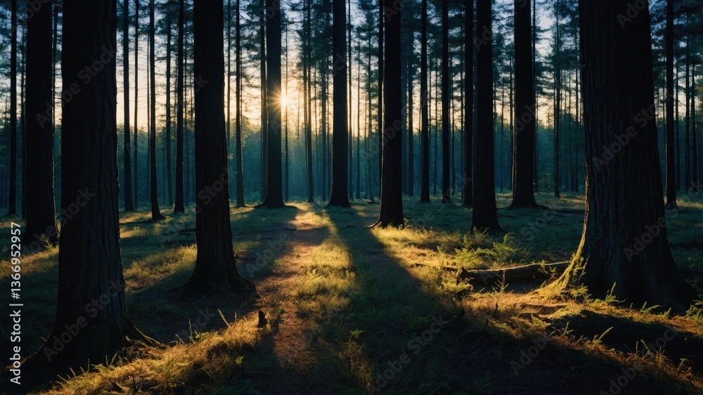 Obraz premium Sunlight Illuminates Forest Path Creating Shadows Through the Tall Trees