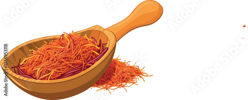 Authentic Saffron Threads in Wooden Scoop Vector Art for Designers