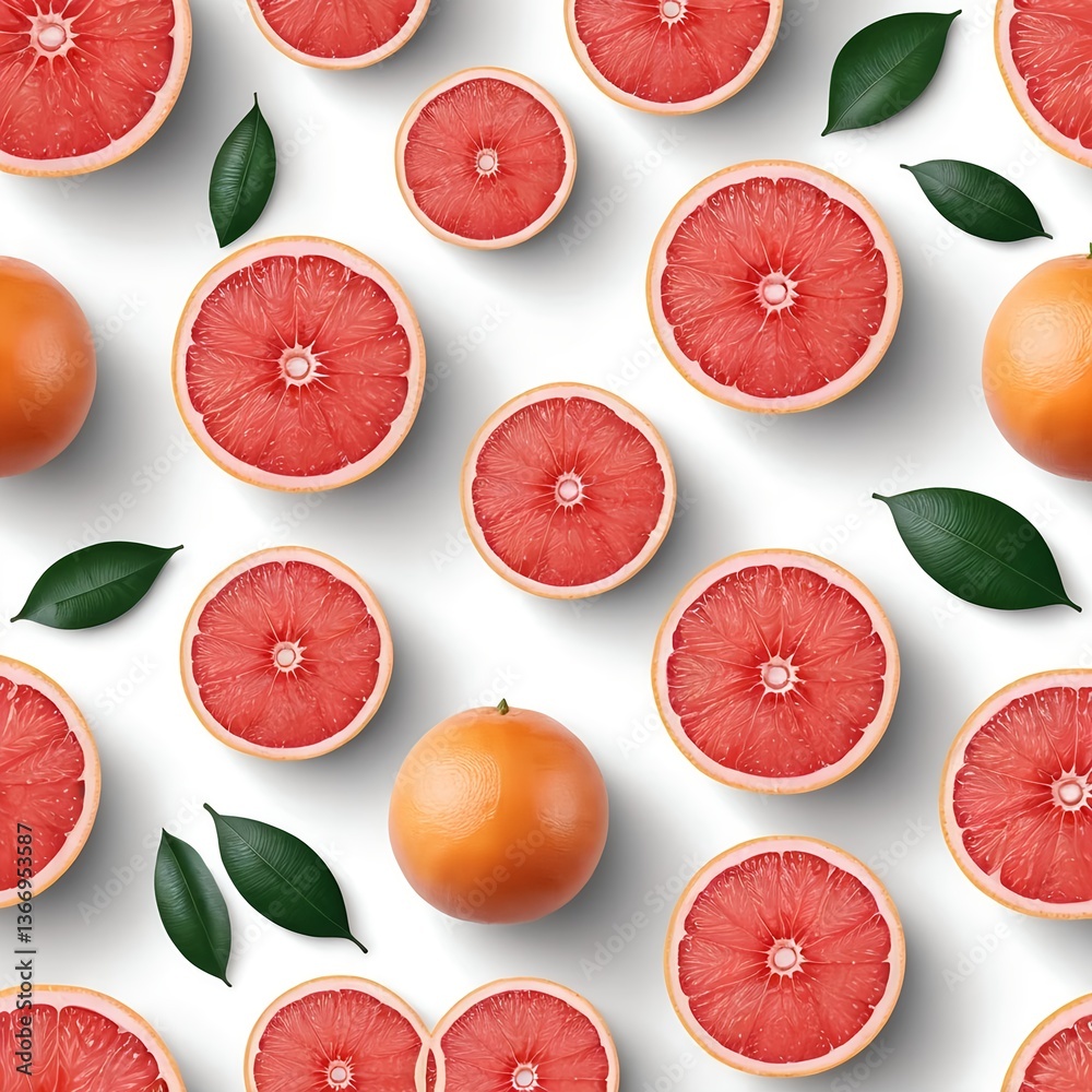 Grapefruit Pattern Slices and Whole Fruits with Leaves