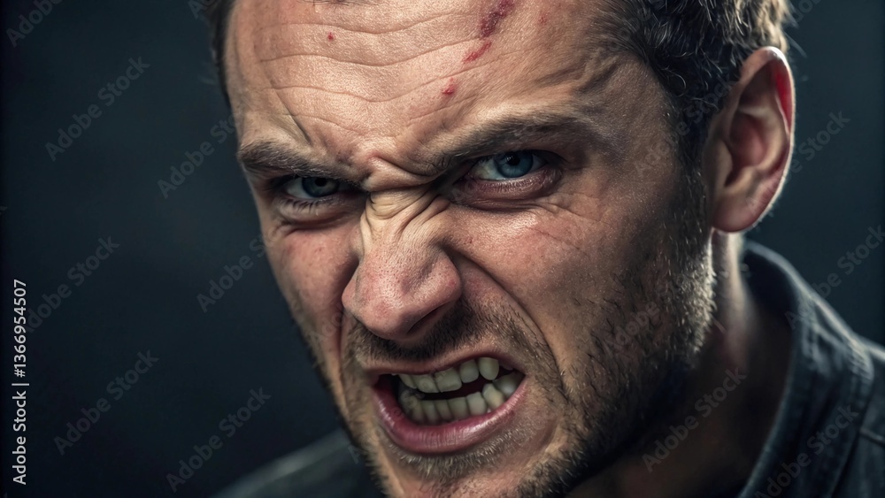 A close-up portrait of an angry man with furrowed brows A close-up portrait of an angry man with furrowed brows