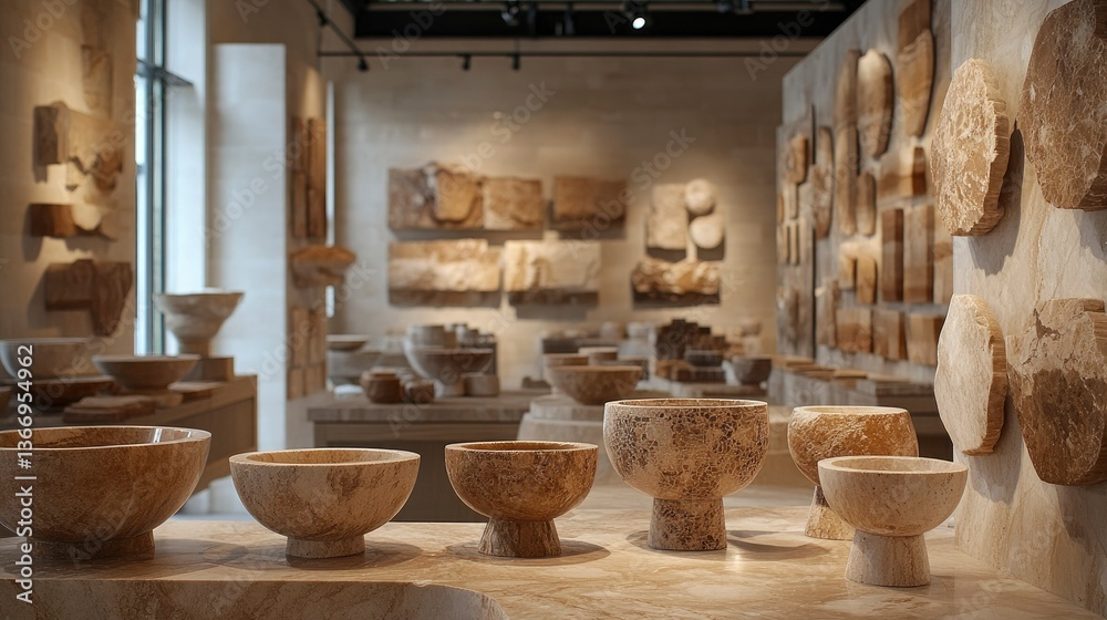 Elegant Stone Bowls and Sculptures in Modern Art Gallery Elegant Stone Bowls and Sculptures in Modern Art Gallery