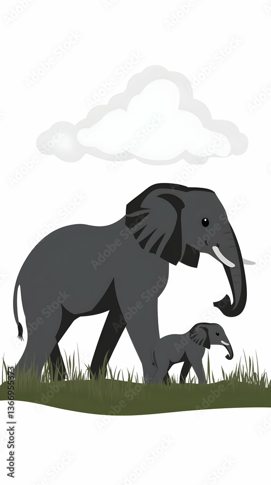 Obraz premium Pixel Illustration Of Elephants Walking On Green Grass Under A Cloud