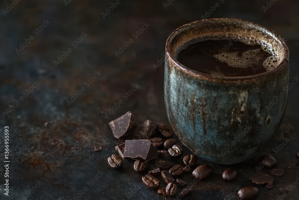 Dark Coffee in Ceramic Cup with Chocolate and Coffee Beans Dark Coffee in Ceramic Cup with Chocolate and Coffee Beans