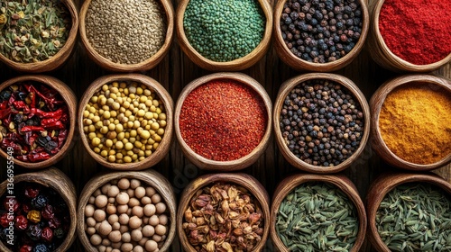 Aromatic Spice Collection in Wooden Bowls - Culinary Ingredients