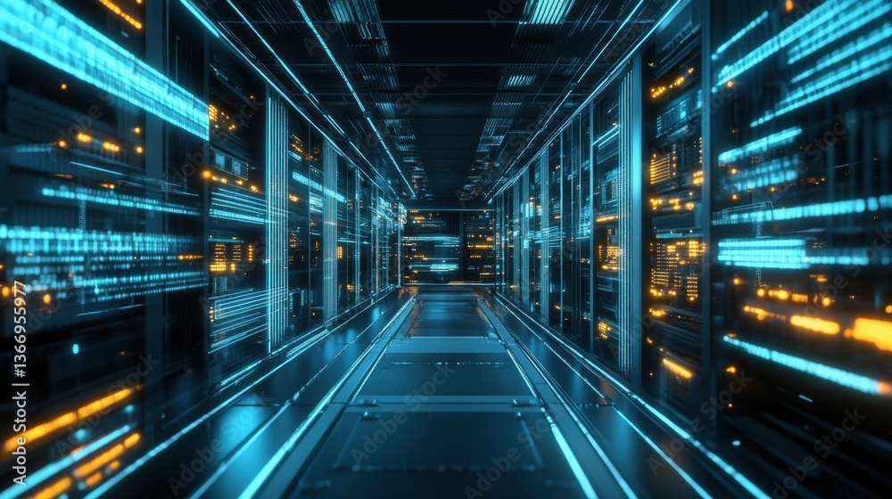 Fototapeta premium AI powered quantum computer processing complex calculations in a futuristic data center, high-tech research facility with glowing superconducting circuits, next-gen computing innovation