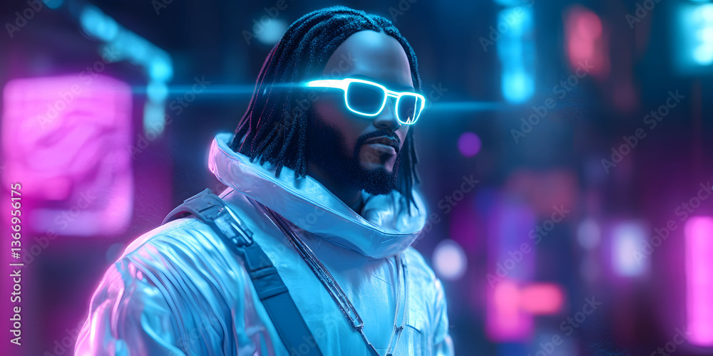 Cyberpunk Fashion: A futuristic man in neon-lit city Cyberpunk Fashion: A futuristic man in neon-lit city