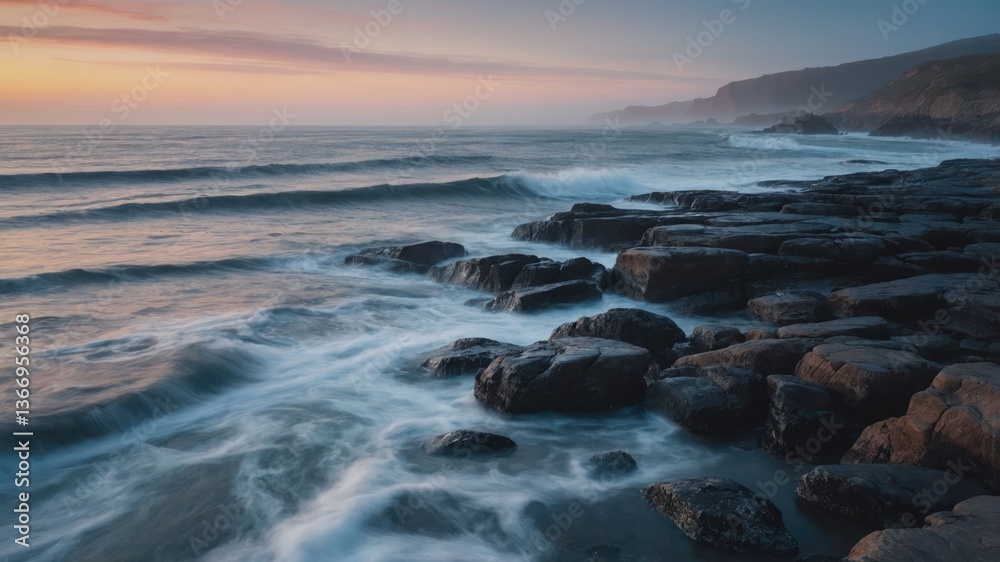 Ocean Waves Crashing on Rocky Shoreline at Dusk with Soft Light Ocean Waves Crashing on Rocky Shoreline at Dusk with Soft Light