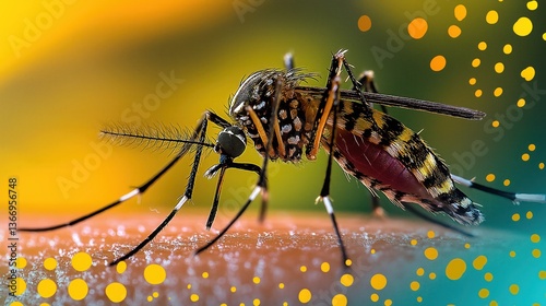 Aedes aegypti mosquito on human skin, carrier of Zika, Dengue, Chikungunya, and Yellow Fever
