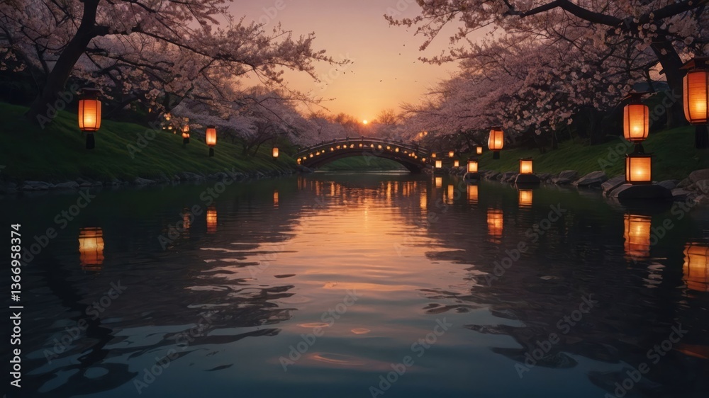 River with Glowing Lanterns and Cherry Blossoms at Sunset River with Glowing Lanterns and Cherry Blossoms at Sunset