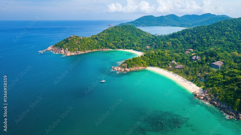 Obraz premium Aerial View of Tropical Beach and Turquoise Water with Lush Green Mountains