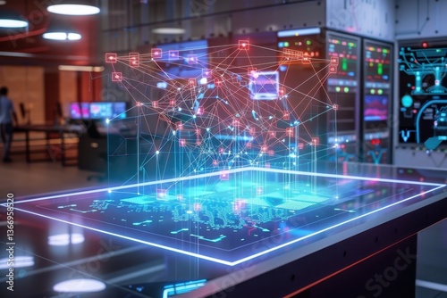 Sci-fi control room displays a 3D network topology hologram showing node connections and traffic flow, futuristic tech.