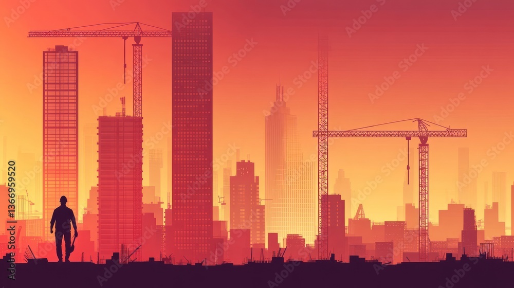 Fototapeta premium Silhouette worker in sunset cityscape construction