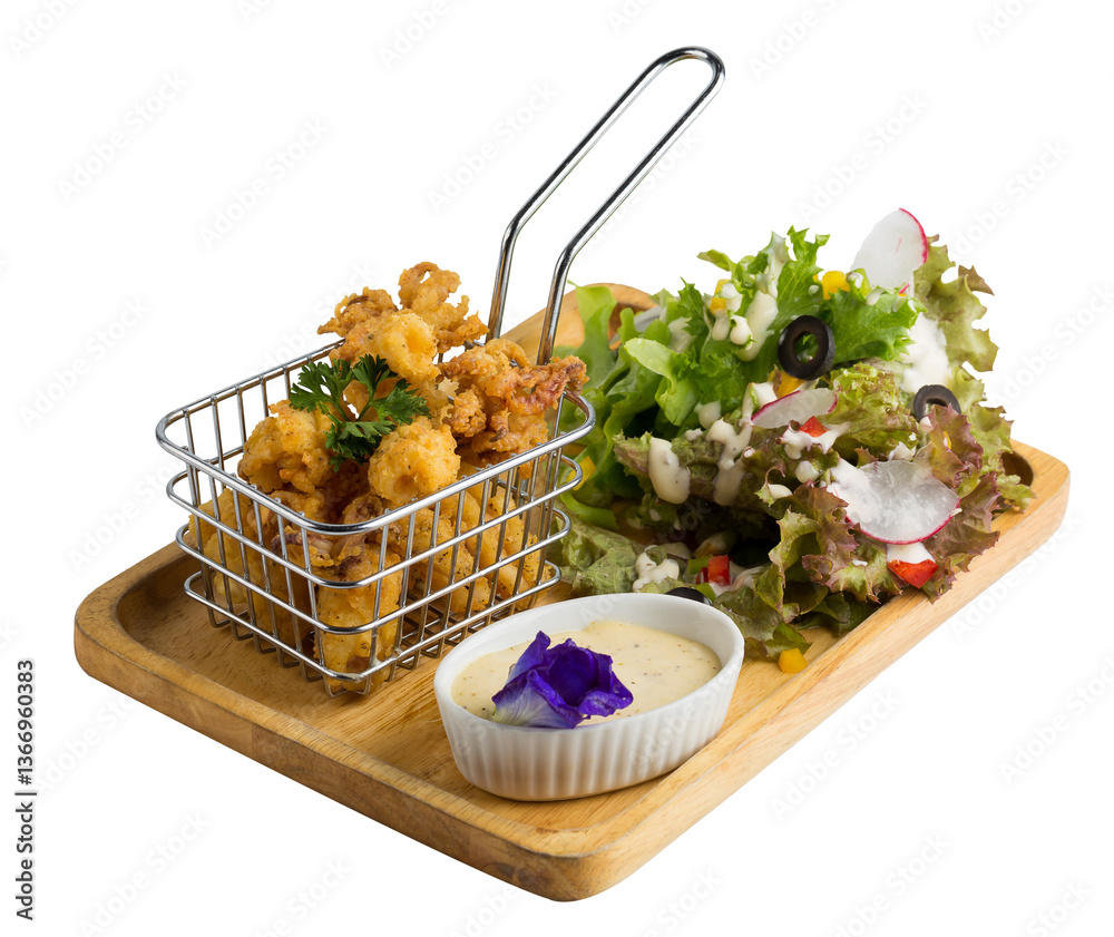 Squid fried dough Sweet sauce on the side of the cup isolated on a transparent background