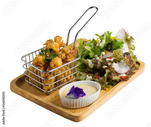 Obraz na płótnie Squid fried dough Sweet sauce on the side of the cup isolated on a transparent background w salonie