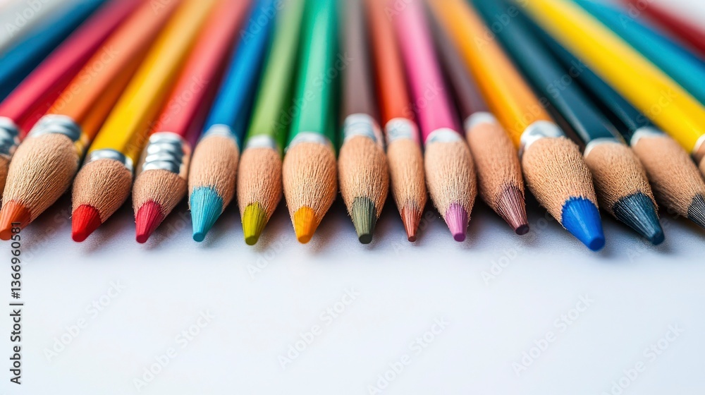 Colorful Pencils Arranged in a Row on White Background Colorful Pencils Arranged in a Row on White Background
