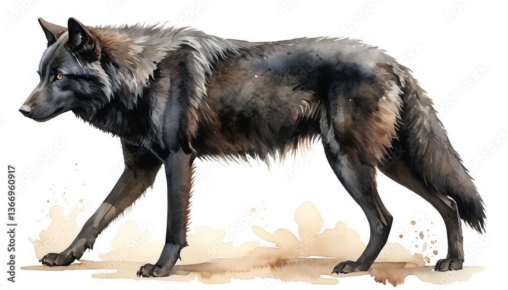 Watercolor Painting of a Black Wolf Walking Watercolor Painting of a Black Wolf Walking